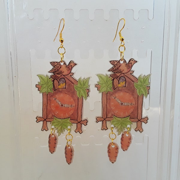 Earrings, Cuckoo Clock Earrings,  shrink plastic earrings, unique earrings, long dangle earrings, pierced