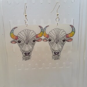 Earrings, Rainbow Buffalo earrings, Shrink Plastic earrings, buffalo head earrings, unique earrings, dangle earrings, pierced