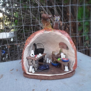 Pumpkin Diorama, miniature witch&#39;s cottage, cat in a pumpkin, spooky childless cat ladies