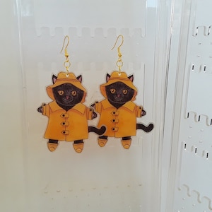 Earrings, Cat Earrings, shrink plastic earrings, Rain Slicker Cat earrings, black cat, large earrings, pierced, childless cat ladies