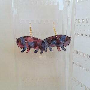 Earrings, Buffalo Galaxy Earrings, shrink plastic earrings, buffalo earrings,  unique earrings, dangle earrings, pierced