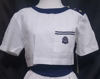 Vintage white and navy pleated dress