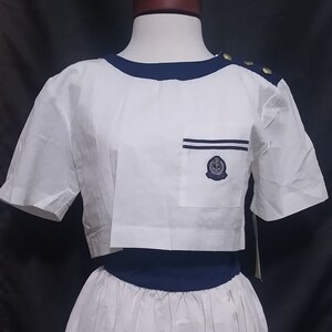 Vintage white and navy pleated dress afbeelding 1