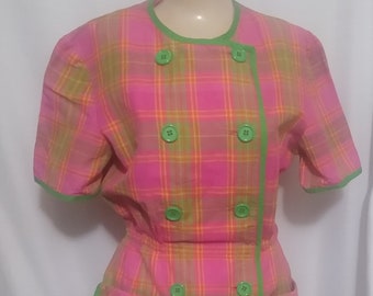 Vintage pink and green plaid short sleeve dress