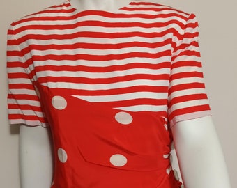 Vintage red and white dress with asymmetrical overlay