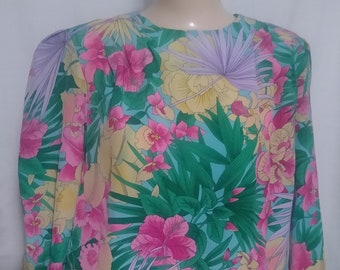 Vintage multi green, pink and purple tropical print blouse