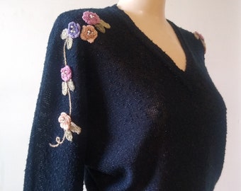 Vintage black sweater with pastel floral embroidery