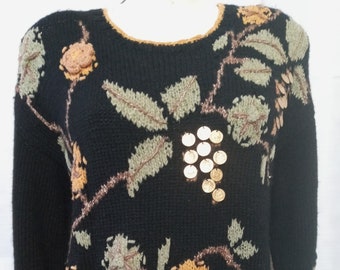 Vintage black sweater with green and saffron accents