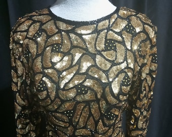 Vintage gold and black sequined long sleeve blouse