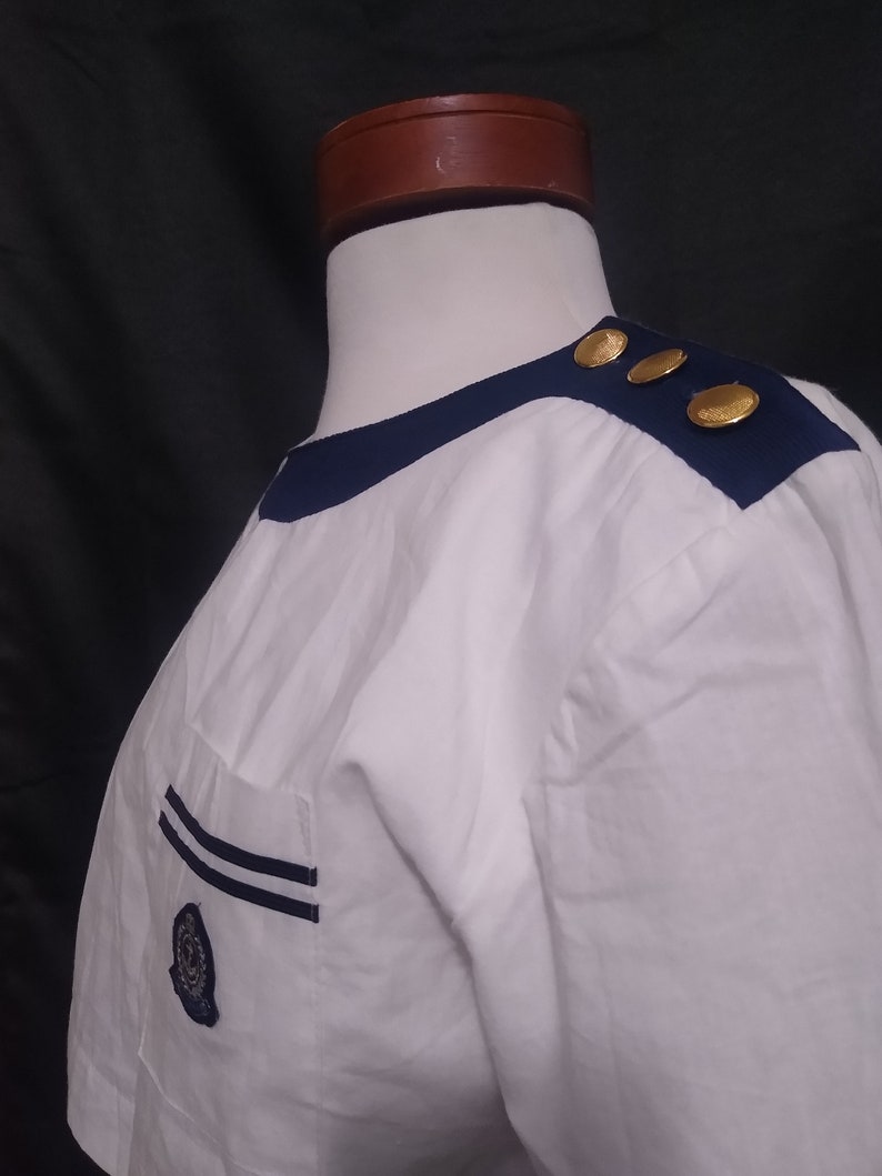 Vintage white and navy pleated dress afbeelding 6