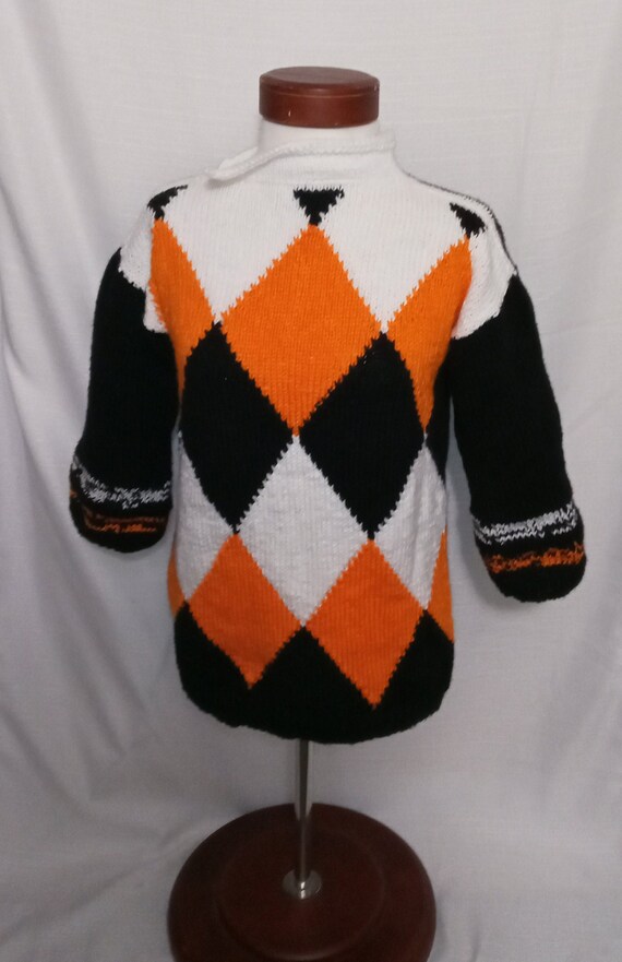 Vintage black, orange and white argyle sweater