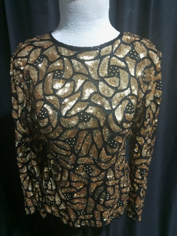 Vintage gold and black sequined long sleeve blouse - image 1