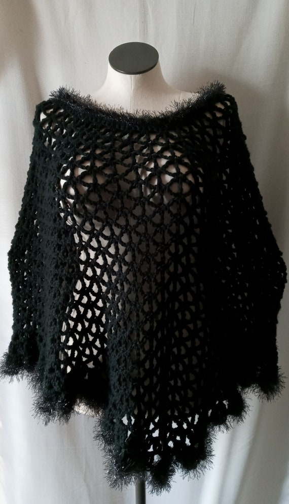 Vintage black shawl with metallic trim - image 1