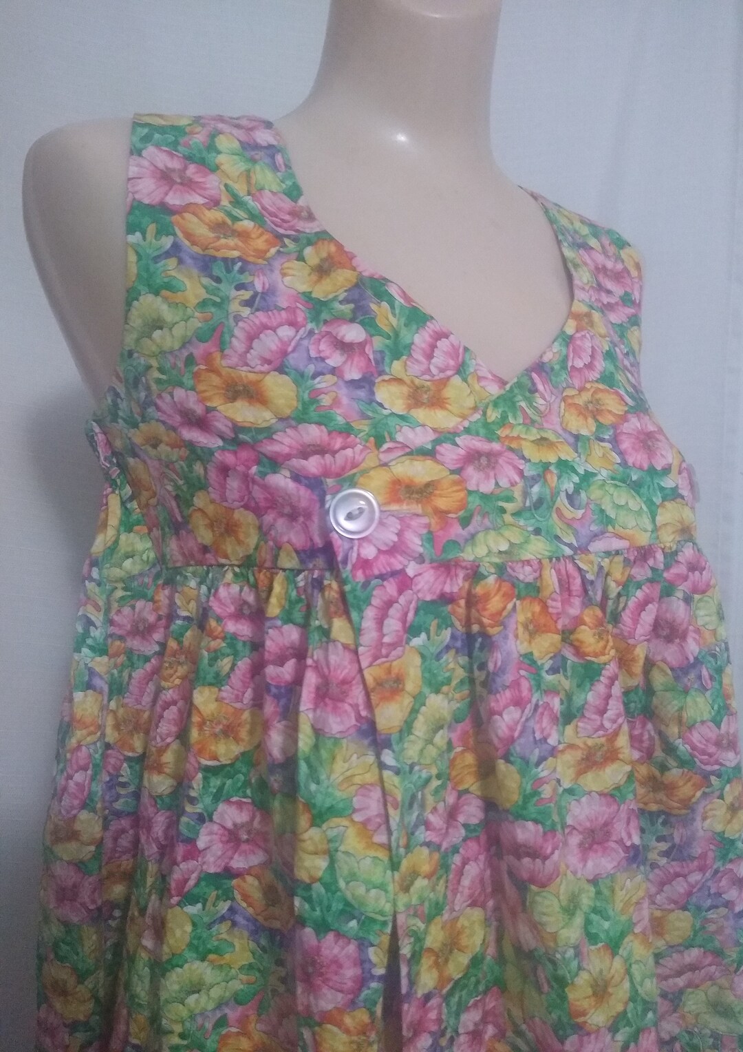 Vintage Green, Pink and Yellow Multi Colored Floral Print House Dress ...