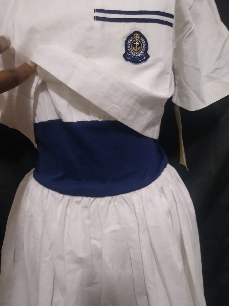 Vintage white and navy pleated dress afbeelding 7