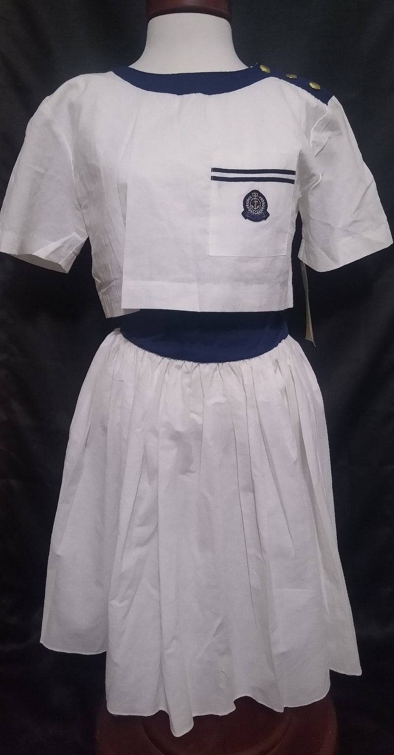 Vintage white and navy pleated dress afbeelding 3