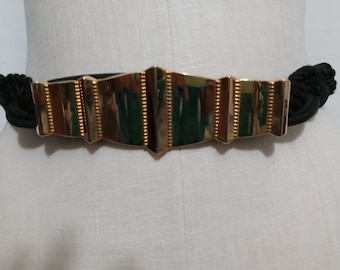 Vintage black rope belt with gold plate