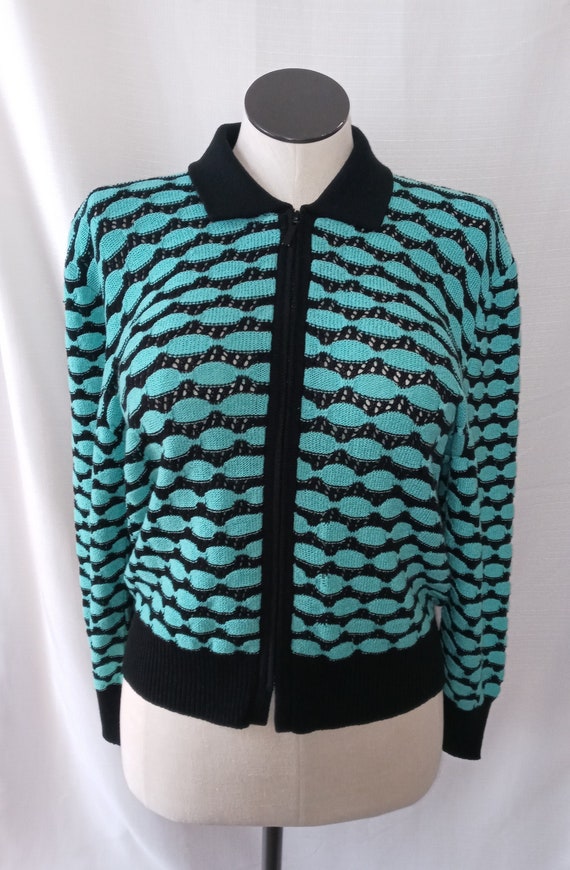 Vintage turquoise and black wavy striped sweater