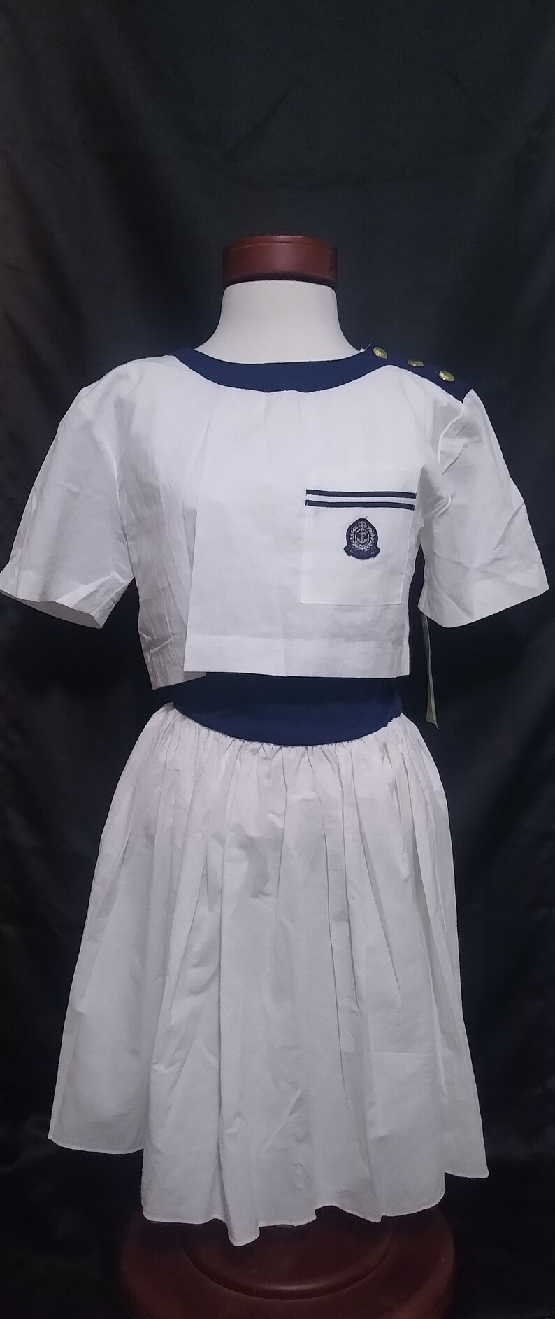 Vintage white and navy pleated dress afbeelding 1