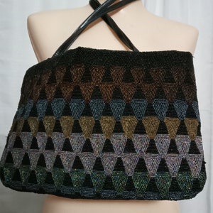 Vintage black multi beaded handbag with triangle pattern.