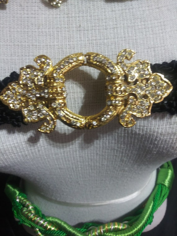 vintage black rope belt with jeweled gold buckle