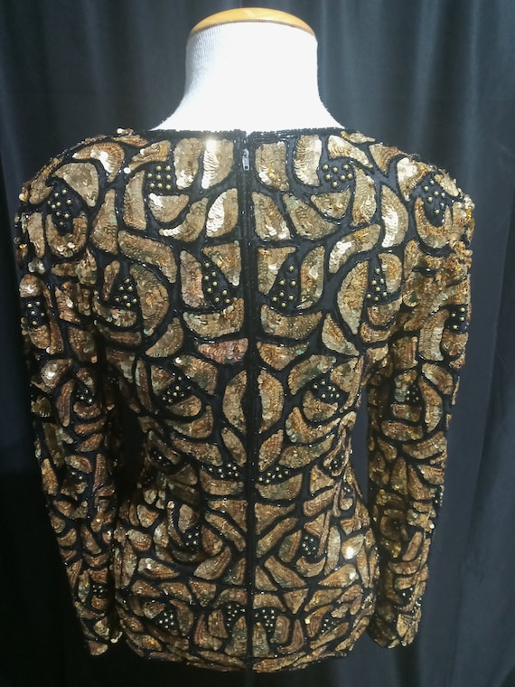 Vintage gold and black sequined long sleeve blouse - image 6