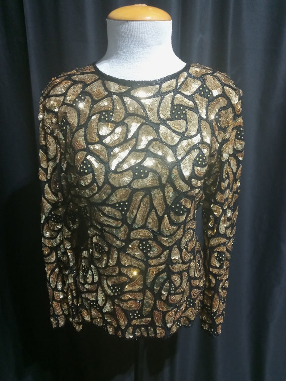 Vintage gold and black sequined long sleeve blouse - image 2