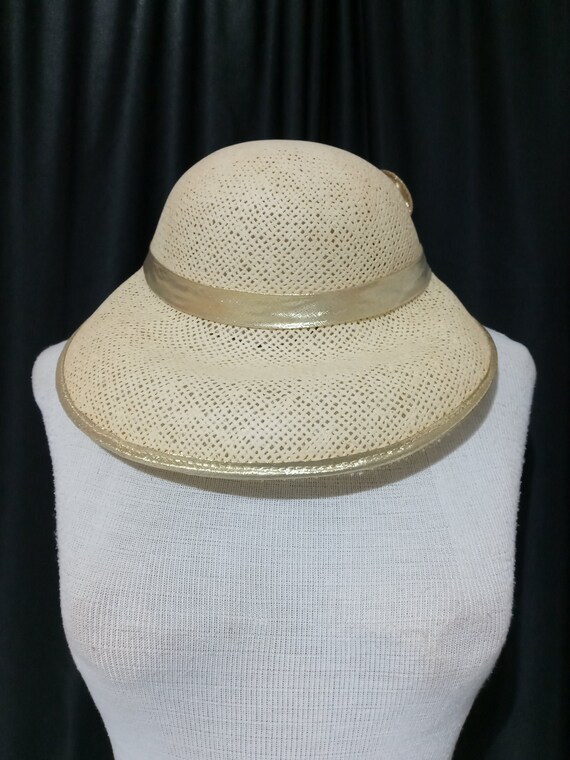 Vintage Wide Brimmed Gold Straw & Mesh Hat Frank Olive Vintage Gold Straw and Netting Wide Brim Hat – Modig main image 4