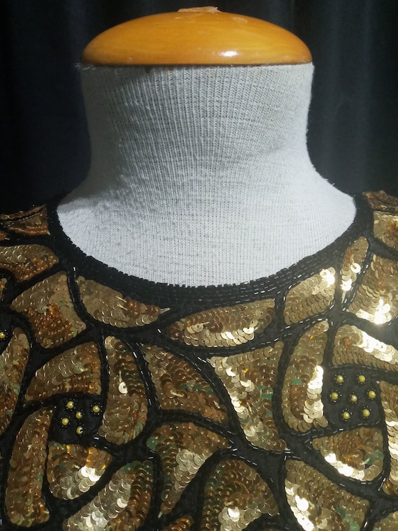 Vintage gold and black sequined long sleeve blouse - image 5