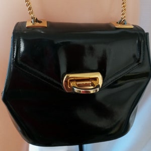Vintage black patent leather purse with gold accents