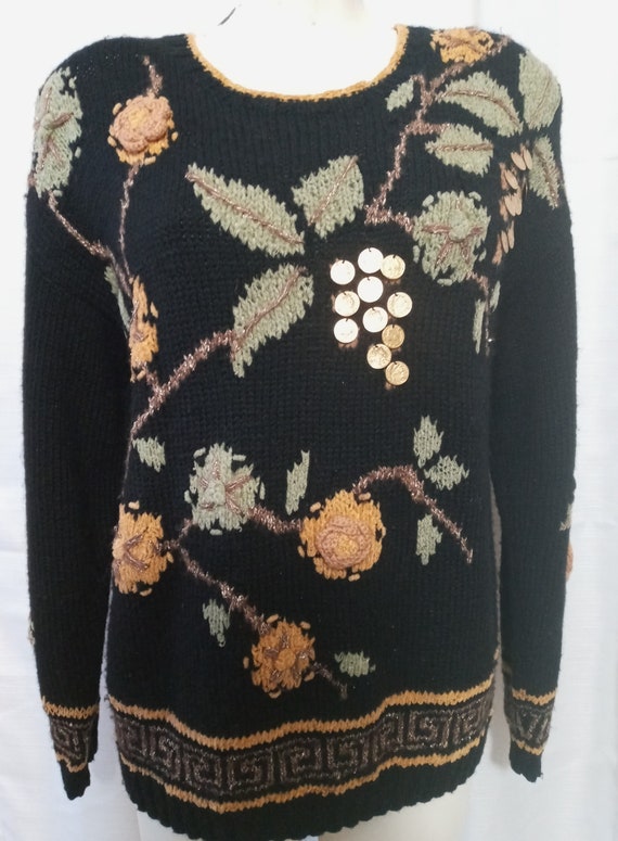 Vintage black sweater with green and saffron accen