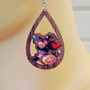 Halloween Girl Witch And Pumpkins Wood Drop Hook Earrings