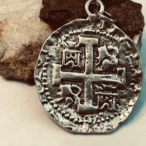 PIECE of EIGHT Atocha style Sterling Silver Replica A SINGLE (1) Pirate Coin Pendant. &quot;8 Reale&quot; Doubloon Replica Size.  (1&quot; x 1.25&quot;)