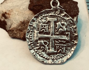 PIECE of EIGHT Atocha style Sterling Silver Replica A SINGLE (1) Pirate Coin Pendant. "8 Reale" Doubloon Replica Size.  (1" x 1.25")