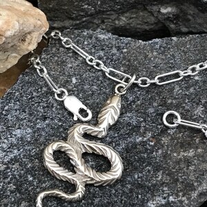 May include: A silver snake pendant necklace with a detailed, textured design. The necklace features a silver chain with a lobster clasp.