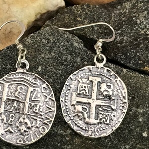 Atocha Piece of Eight style Sterling Silver Replica Pirate Coin Ear Rings. A PAIR (2)  &quot;8 Reale&quot; Doubloon Replica Size.  (1&quot; x 1.25&quot;)