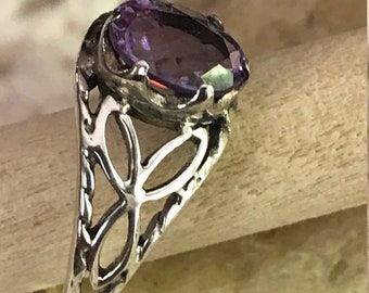CELTIC AMETHYST Ring Faceted 6X8 Stone... Trinity Knot   .925 Sterling Silver...Scottish Irish Viking