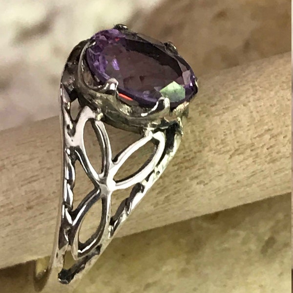 CELTIC AMETHYST Ring Faceted 6X8 Stone... Trinity Knot   .925 Sterling Silver...Scottish Irish Viking