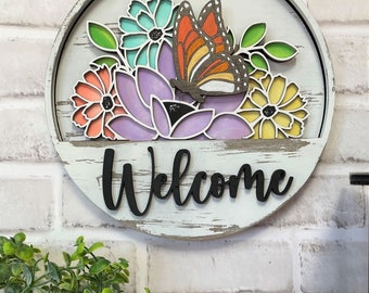 Welcome Door Hanger/Wall Decor/Butterfly/ Unfinished wood/Blanks/Paint Party/interchangeable/DIY