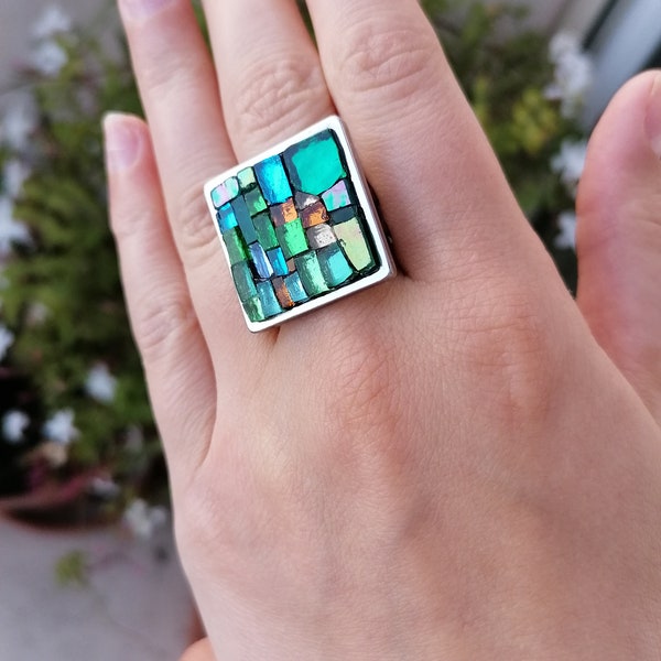 Bague micro mosaïque abstrait vert et bleu