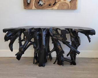 6 ft Teak Root Console Table - Charcoal Finish