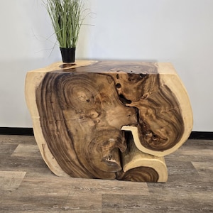 May include: A unique, handcrafted wooden side table with a natural, organic shape. The table is made from a single piece of wood, showcasing the wood's grain and color variations. A small potted plant sits on top of the table.