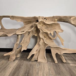 May include: A console table crafted from a single piece of light-colored natural driftwood. The structure features an organic, sprawling root-like base with a flat, elongated top surface, showcasing the raw, weathered texture of the wood grain.