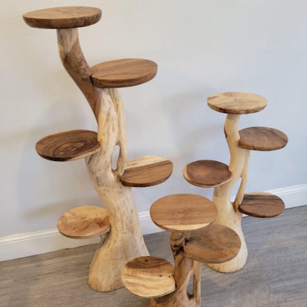 Suar Wood Multi-Shelf Stands - Set of 3