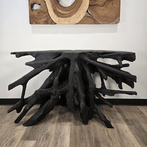 May include: A black console table made from a tree root. The table has a flat top and a complex, organic base of intertwined branches. A wooden wall hanging with a natural wood grain pattern is above the table.