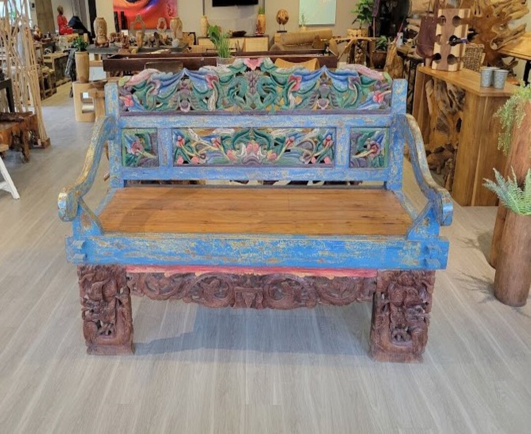 Handcarved Teak Bench Crafted in India Etsy