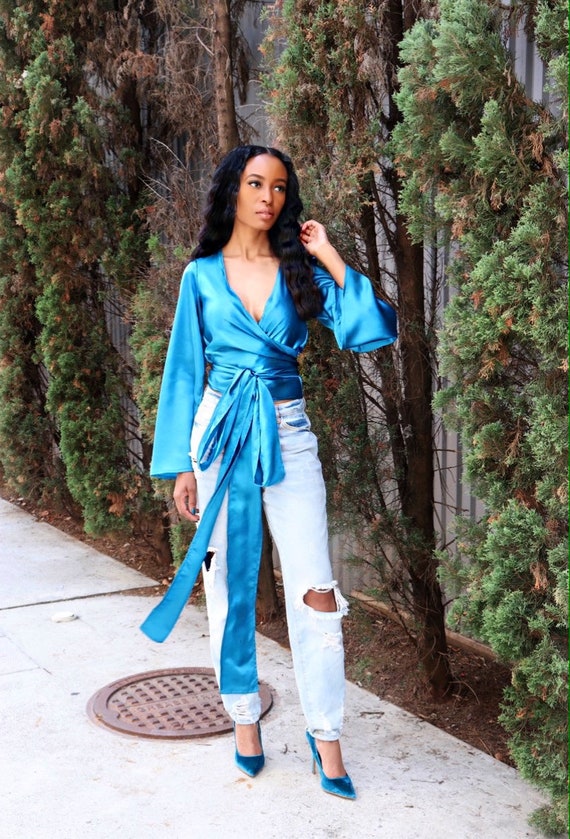Blue Satin Wrap Top | Etsy Hong Kong