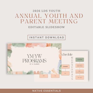 Puede incluir: Plantilla de presentación digital con el texto "2026 LDS Youth Annual Youth and Parent Meeting". El diseño incluye un horario y una diapositiva titulada "YM/YW Programs at a Glance". La paleta de colores presenta tonos tierra suaves.