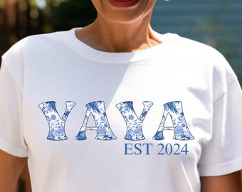 Yaya Est. Year Shirt - Blue Toile Floral Grandmother Tee - Bella Canvas Cottagecore Gift