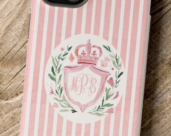 Personalized Pink Stripe Phone Case | Custom Monogram Crest